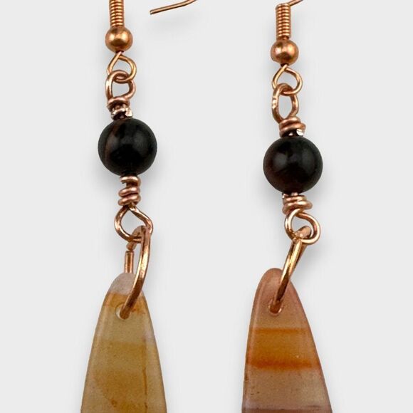 Natural Orange Sardonyx Mahogany Tiger's Eye Gemstone Earrings Copper Hooks - Picture 4 of 10